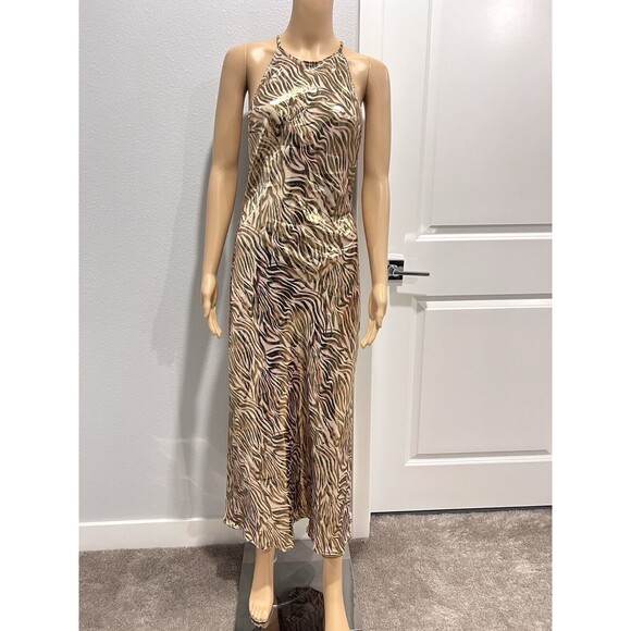 ZARA WOMEN SS24 MEDIUM FOIL ANIMAL PRINT MIDI HALTER GOLD DRESS 1165/164/035 - Picture 7 of 17